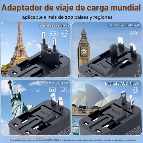 Vista 2 de Adaptador de viaje universal Cargador rápido Adaptador de enchufe en todo