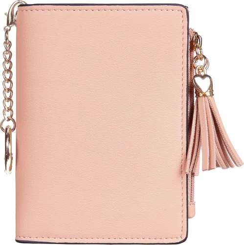 Vista 4 de Gostwo Mini cartera pequeña plegable para mujer con borla y bolsillo con cremallera para monedas, Rosa Con Llavero, Moda