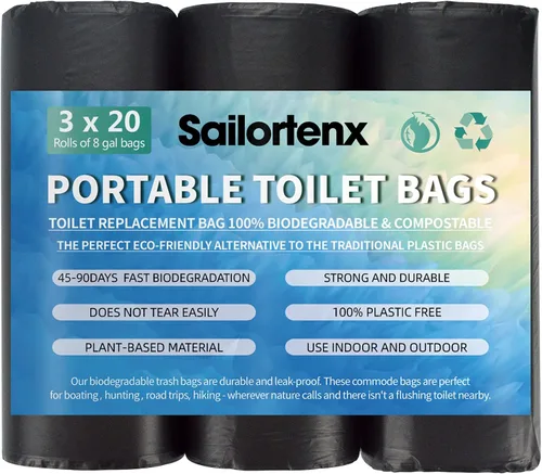 Vista 9 de Bolsas de inodoro portátiles para camping 80/60/20 100% compostables de 8 galones, uso con inodoro de cubo de 5 galones, bolsas de desechos de 20