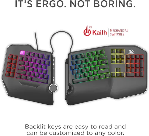 Vista 2 de Cloud Nine Teclado mecánico ergonómico C989M para PC, interruptores Kailh táctiles marrones, retroiluminación LED RGB con USB - Teclado Ergo Split