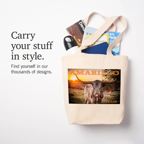 Vista 7 de Lantern Press Amarillo, Texas, Longhorn and Sunset (100% Cotton Canvas Reusable Tote Bag)