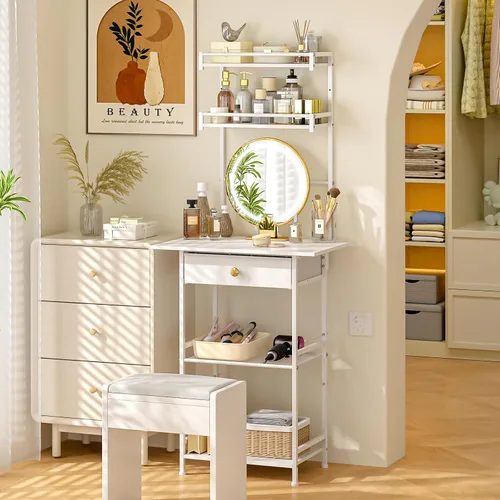 Vista 5 de 3IngSeagulls Escritorio pequeño sin espejo, mesa de tocador de maquillaje para espacios pequeños, tocador blanco compacto con cajones de tela