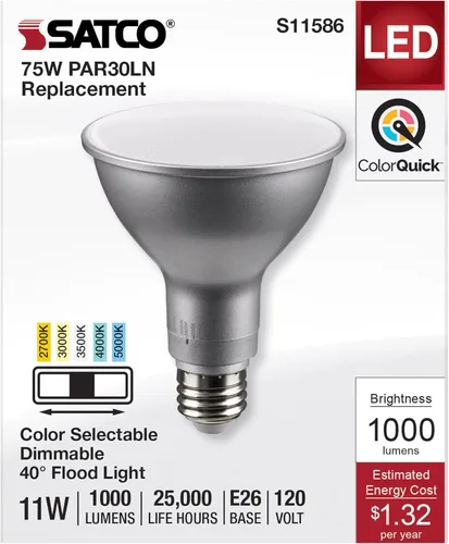 Vista 3 de Satco S11586; LED PAR30LN de 11 vatios; base media; acabado plateado; CCT seleccionable; 120 voltios; ángulo de haz de 40 grados