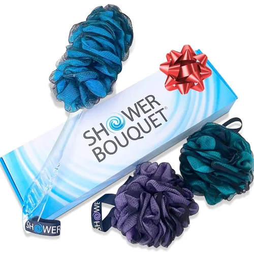 Vista 12 de SHOWER BOUQUET Juego de esponja y depurador de carbón/ 1 cepillo largo para la espalda más 2 puffs extra grandes de 2.6 oz de malla suave