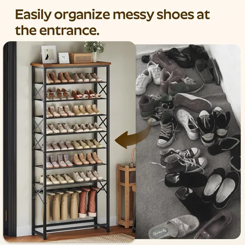 Vista 4 de YATINEY Zapatero alto para entrada, organizador de almacenamiento de zapatos de metal con estante para botas, zapatero resistente de 10 niveles