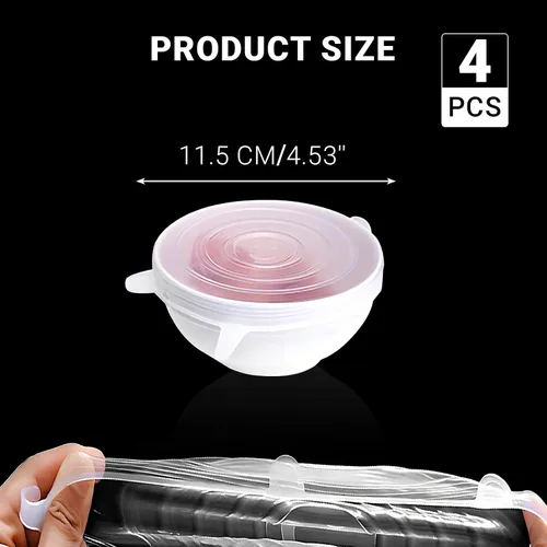 Vista 3 de Paquete de 4 tapas elásticas de silicona reutilizables de 4.5 pulgadas, fundas de silicona para almacenamiento de alimentos, tapas elásticas