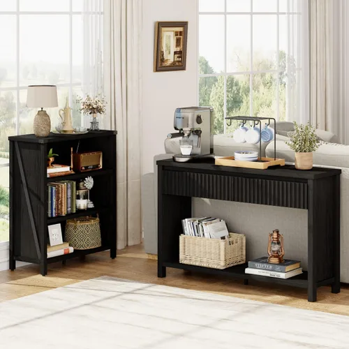 Vista 9 de BON AUGURE Mesa consola de madera para entrada, mesa de entrada de 47 pulgadas con almacenamiento, mesas de sofá estrechas con cajones, modernas