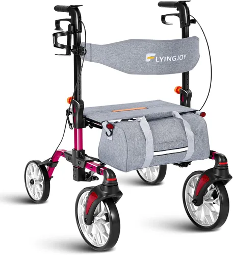 Vista 13 de Andador ligero con asiento para personas mayores, andador plegable con neumáticos grandes todo terreno a prueba de pinchazos, altura ajustable