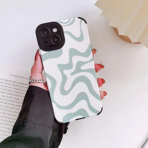 Vista 2 de Funda para iPhone 14 para mujer, diseño de ondas blancas y verdes, delgada, protectora, a prueba de golpes, funda trasera de TPU de piel sintética