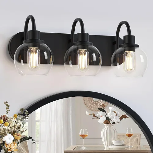 Vista 9 de Dpyrrhic Moderna lámpara de tocador de 2 luces, accesorio de iluminación de baño sobre espejo con pantalla de vidrio transparente y base de metal