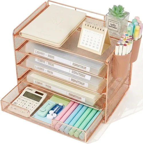 Vista 11 de LEKETREE Organizador de escritorio y accesorios, organizador de bandejas de papel de 5 niveles con cajón y 2 soportes para bolígrafos