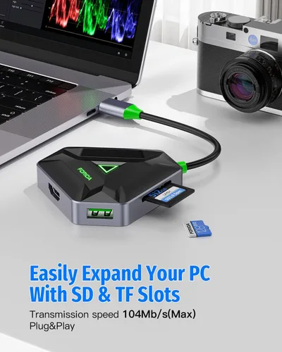 Vista 5 de Hub USB C múltiple, estación de acoplamiento USB con adaptador HDMI, 3 puertos de datos divisores USB 3.0 y lector de tarjetas SD/TF, compatible