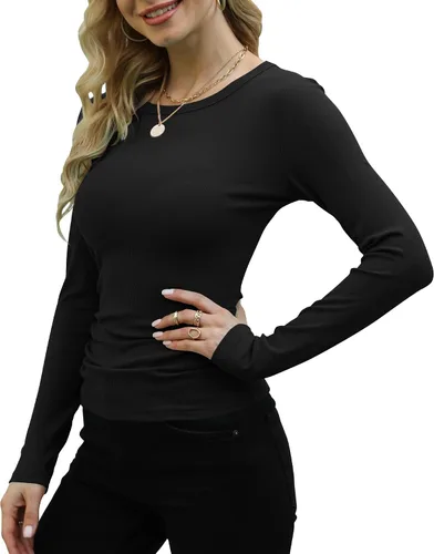 Vista 2 de GEMBERA Camisas básicas ajustadas de manga larga acanaladas con cuello redondo para mujer