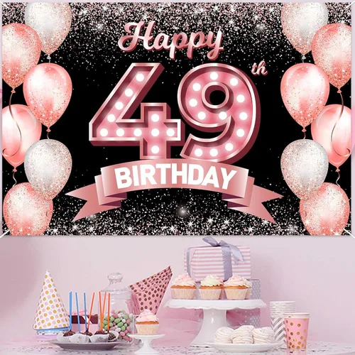 Vista 47 de Cartel de feliz cumpleaños décimo oro rosa, telón de fondo, saludos a 10 años, globos de confeti, decoración temática para niñas de 10 años