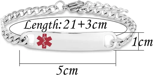 Vista 2 de TGLS Pulsera de alerta médica roja para mujeres y hombres, pulsera de emergencia de primeros auxilios de salud grabada ajustable de acero inoxidable