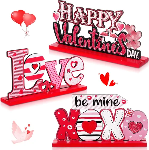 Vista 7 de Sumind 3 piezas de decoración de mesa de madera para el día de San Valentín para el hogar, centro de mesa de San Valentín para comedor, oficina