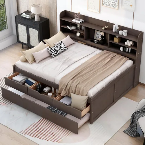 Vista 34 de Sofá cama de madera de tamaño matrimonial con 2 armarios de noche, estantes superiores y 4 cajones, marco de madera resistente, espacio de Marrón