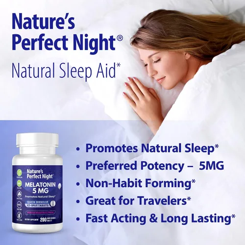 Vista 4 de Nature's Perfect Night Paquete Melatonina 5 mg Melatonina para niños de 1 mg 200 unidades 100 unidades Sin azúcar Sin gluten Sin OMG