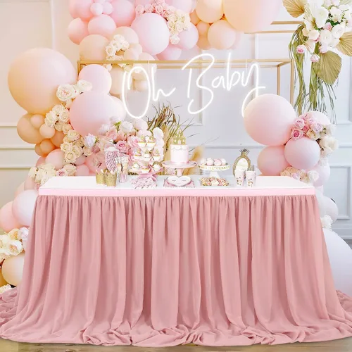 Vista 11 de QueenDream Falda de mesa de gasa azul bebé de 6 pies para mesa rectangular, mantel transparente para baby shower, boda, cumpleaños, fiesta temática