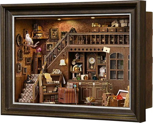 Vista 11 de Kit de rincón de libros, rompecabezas de madera 3D con control de interruptor LED y marco para montar en pared, casa en miniatura
