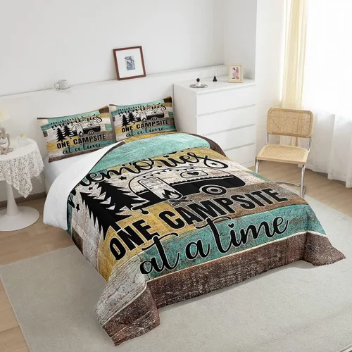 Vista 4 de Juego de ropa de cama con temática de cámper, juego de edredón de cabaña de madera marrón y verde, tamaño matrimonial, 3 piezas, decoración de Multi
