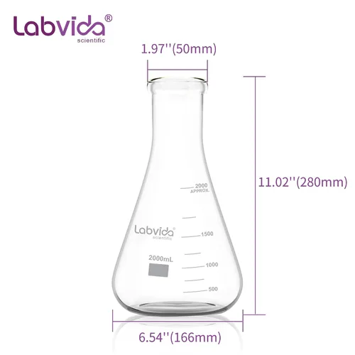 Vista 7 de Frascos Erlenmeyer de boca estrecha de vidrio, Vol.2000ml, 3.3 Borosilicato con graduación impresa, LVC010