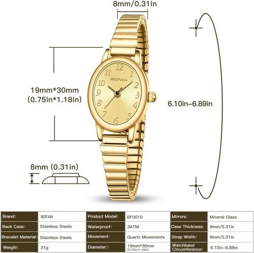 Vista 4 de BOFAN Relojes pequeños de oro para mujer, relojes de pulsera de cuarzo de fácil lectura con banda de expansión de acero inoxidable, resistente al