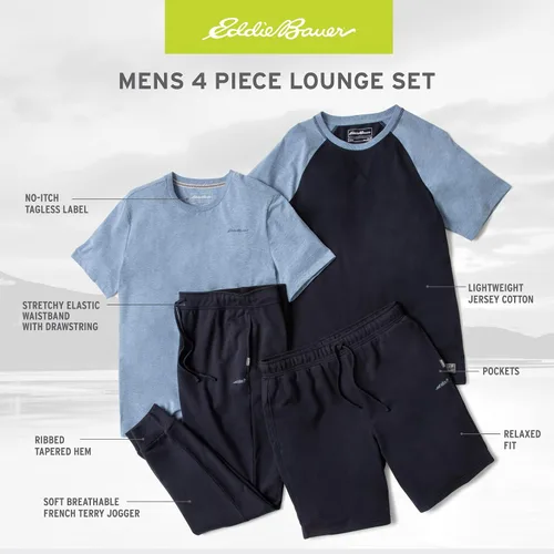 Vista 2 de Eddie Bauer Conjunto de pijama para hombre 4 piezas pantalones deportivos y pantalones cortos de descanso pijama 100 algodón para hombre S-XXL