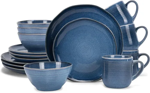 Vista 14 de Elanze Designs Reactive Glaze Farmhouse - Juego de vajilla rústica de cerámica bohemia de cerámica de 16 piezas, servicio para 4, color azul hielo