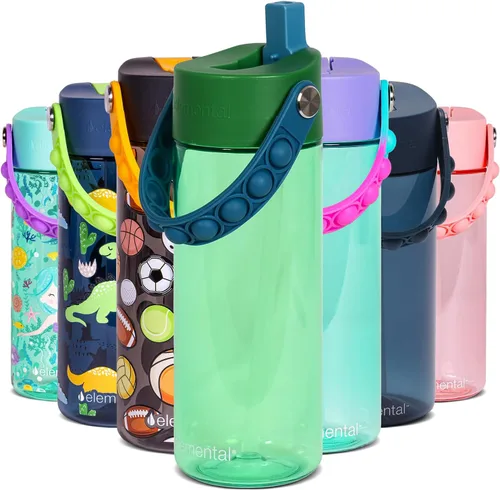 Vista 26 de Elemental Botellas de agua para niños – Botella de agua para niños Splash para la escuela con mango Pop-it – Botella de agua de plástico Tritan sin