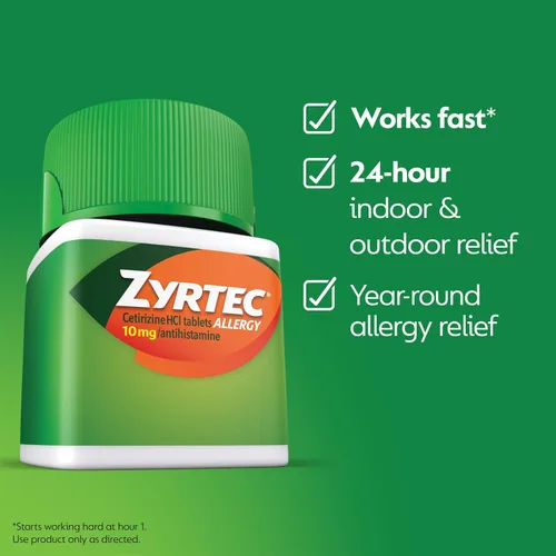 Vista 4 de Zyrtec Tabletas para aliviar la alergia las 24 horas, medicina de acción rápida para alergias en interiores y exteriores, cetirizina 10 mg