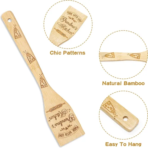 Vista 4 de Haooryx Juego de 6 cucharas de bambú para abuela, utensilios de cocina antiadherentes, utensilios de cocina de bambú quemado, kit de utensilios