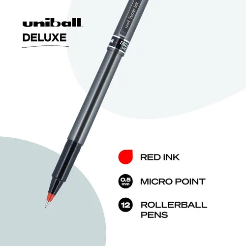 Vista 2 de Uniball Deluxe, bolígrafos de punta redonda rojos, micropunta de 0.020 in, paquete de 12