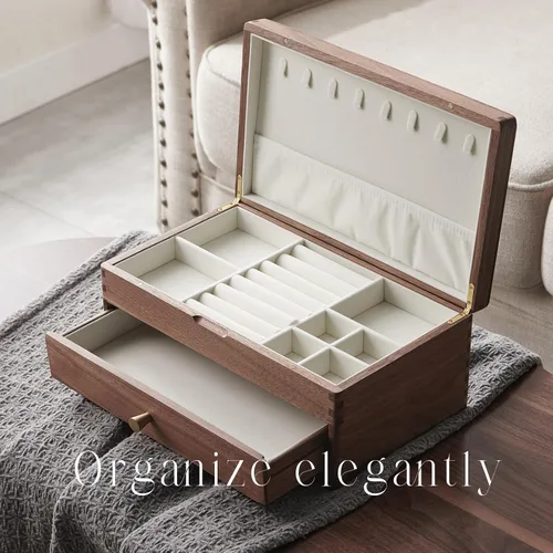 Vista 3 de Beexchange Joyero de madera de nogal negro, hecho a mano, caja de joyería clásica. Joyeros y organizadores para mujeres, hombres y niñas (doble capa)