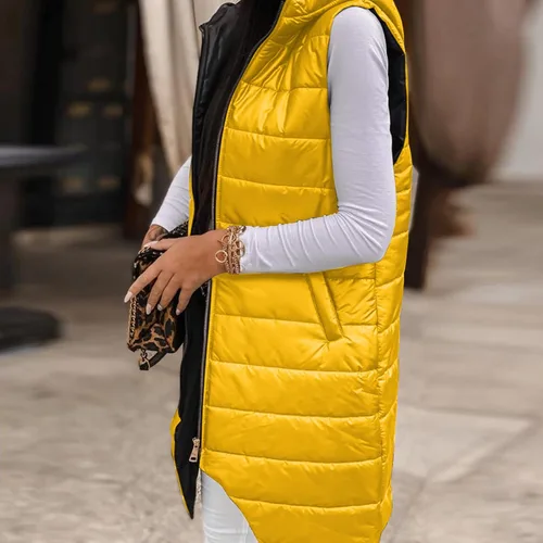 Vista 3 de Lovor Chaleco de plumón para mujer, abrigo largo de invierno con capucha, talla grande, sin mangas, cálido, abrigo acolchado para exteriores