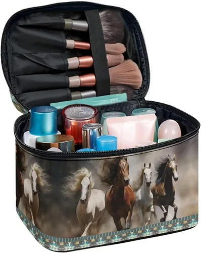 Vista 2 de Flashideas Bolsa de maquillaje para cosméticos Almacenamiento vertical Bolsa de maquillaje de viaje de gran capacidad, Caballo Azteca 1