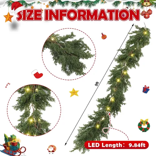 Vista 2 de Jutom Guirnalda de cedro de Navidad LED, enredaderas artificiales de ciprés de pino con luz de Navidad con luces para mesa de Navidad, manto, fondo