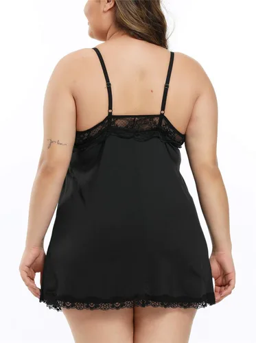 Vista 2 de FlatterMe Ropa interior de encaje para mujer Babydoll de malla dividida Chemise cuello en V sin espalda Halter ropa de dormir