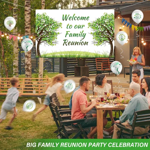 Vista 2 de Jiuguva 21 piezas de decoraciones de fiesta de reunión familiar 2026, bienvenidos a nuestro árbol familiar, pancartas de reunión de 70 x 43 y globos