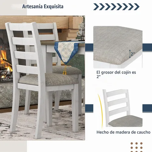 Vista 6 de LUMISOL Farmhouse - Juego de mesa de comedor de 6 piezas con banco, marrón + blanco lavado