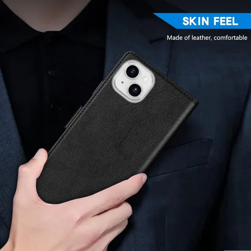 Vista 6 de ZZXX Funda tipo cartera para iPhone 14 Plus con bloqueo RFID, ranura para tarjetas, función atril, cierre magnético, funda protectora de cuero Negro
