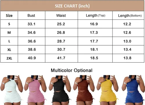 Vista 6 de PYAEAS Conjunto de dos piezas de verano para mujer, casual, elástico, acanalado, con cordón, pantalones cortos de entrenamiento