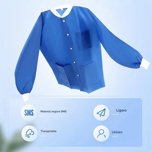 Vista 4 de JMU Paquete de 10-100 abrigos desechables de laboratorio, chaquetas médicas Azul oscuro