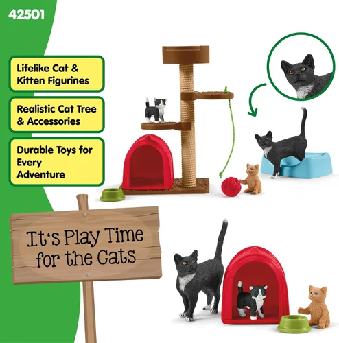 Vista 4 de Schleich Farm World - Juego de figuras de gatos y gatitos lindos - Juego de 9 piezas realistas de mamá gata y gatito bebé, juego grande para niños