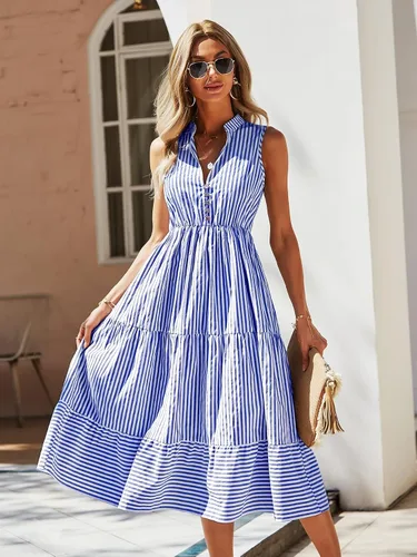 Vista 4 de Floerns Vestido midi de mujer con estampado de rayas y cuello con muescas sin mangas con volantes