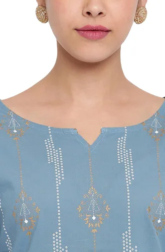 Vista 7 de Janasya Kurta de algodón estampado de mangas azules para mujer india
