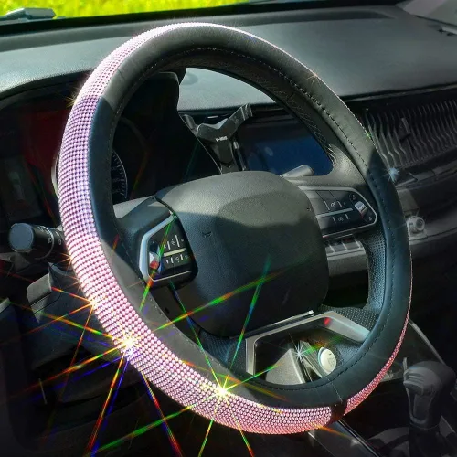 Vista 7 de Nueva funda de volante de cuero con diamantes de imitación brillantes Negro Diamonds