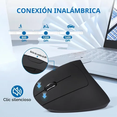 Vista 4 de Ratón para zurdos, ratón ergonómico inalámbrico para zurdos de 2.4G con DPI ajustable de 800/1200/1600, ratón inalámbrico vertical de 6 botones