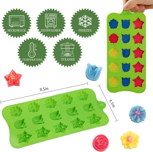 Vista 2 de FIRETREESILVERFLOWER Juego de moldes de chocolate con forma de flor, corazón, estrellas, rosa, flores en combinación, molde de silicona para hornear