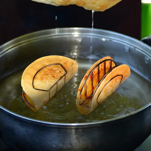 Vista 4 de Yaoxianwu Soporte de molde para tacos, de acero inoxidable, para hornear, freír o freír al aire, hacer crujientes y de fondo plano para hacer tacos
